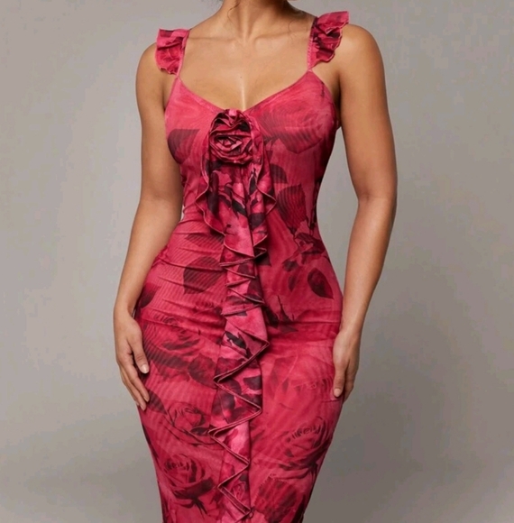 Elegant Valentine's Day Bestie Party Women's Bodycon Dress, Red Digital - Picture 3 of 4